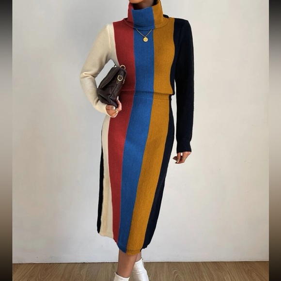 Cozy Color Block Stripe Turtleneck Sweater Dress - Picture 10 of 11